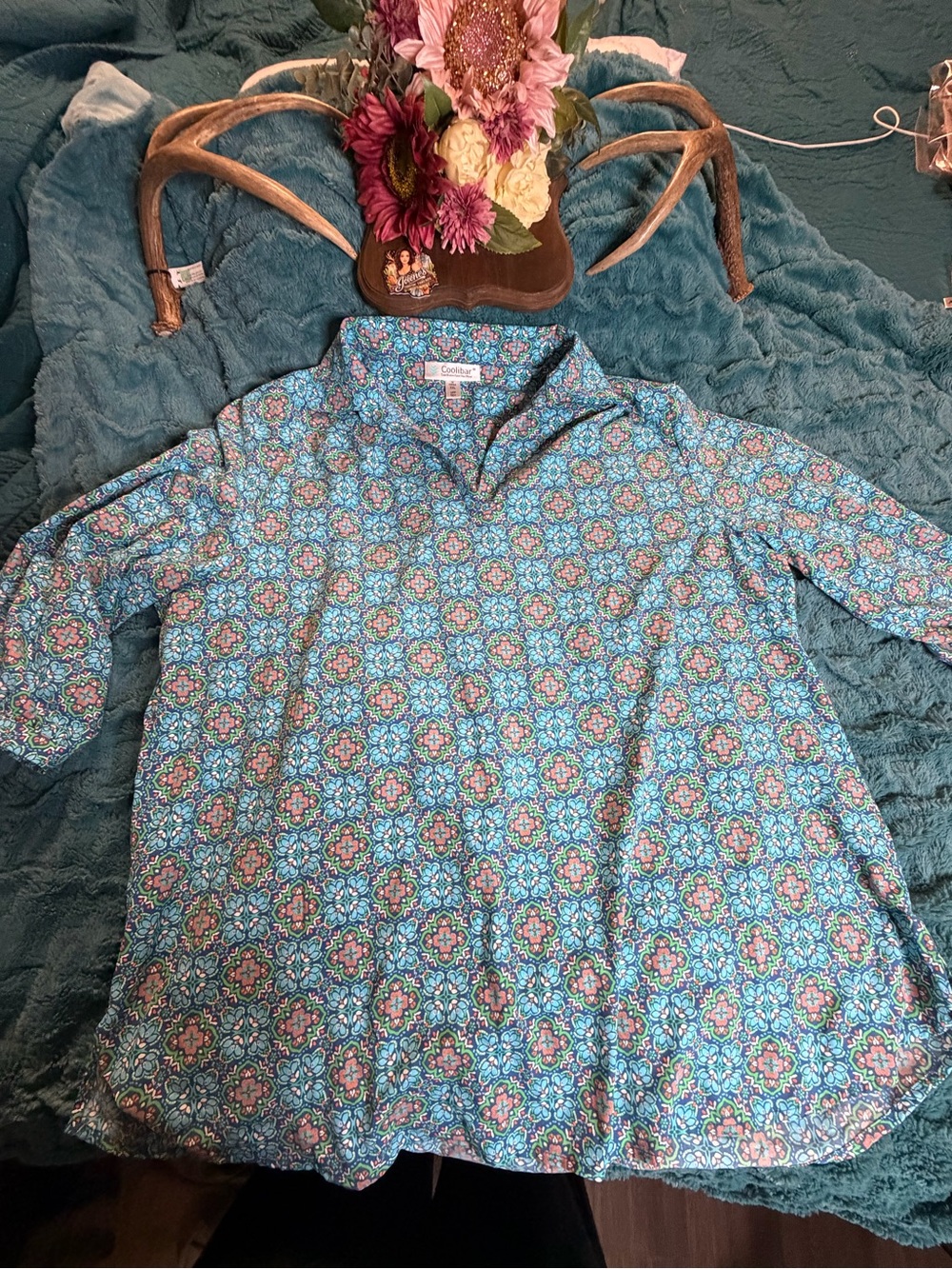 Coolibar XXL UPF 50+ Sun Protection Tunic Top Floral Blue Green Pink